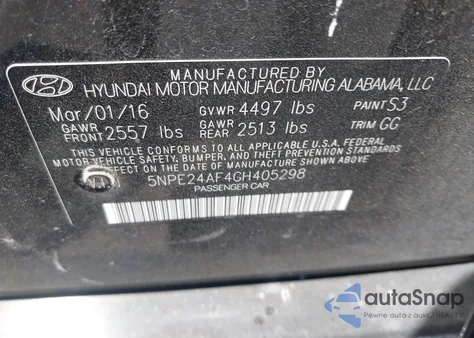 2016 Hyundai Sonata Se from USA, damaged, VIN 5NPE24AF4GH405298